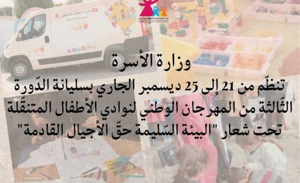 Tunisie : Le Ministère de la famille organise la troisième édition du Festival National des clubs mobiles d&rsquo;enfants sous le slogan « un environnement sain est le droit des générations futures » du 21 au 25 décembre à Siliana