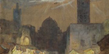 Tunisie :  « Une rue à Kairouan, Tunisie » , un tableau  du peintre impressionniste américain ,Colin Campbell Cooper  capture le charme intemporel de Kairouan , l&rsquo;architecture distinctive et la lumière méditerranéenne chaleureuse