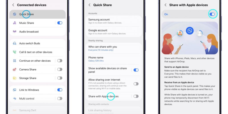 Samsung ajoute la compatibilité AirDrop à la fonction Quick Share de la série Galaxy S26