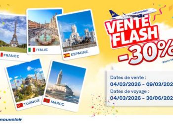 Nouvelair lance une « Vente Flash » offrant une réduction de 30% vers la France, l’Italie, l’Espagne, la Turquie et le Maroc