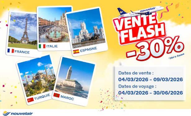 Nouvelair lance une « Vente Flash » offrant une réduction de 30% vers la France, l’Italie, l’Espagne, la Turquie et le Maroc