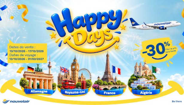 Happy Days de nouvelair : cap sur la France, l’Allemagne, le Royaume-Uni et l’Algérie à -30 %